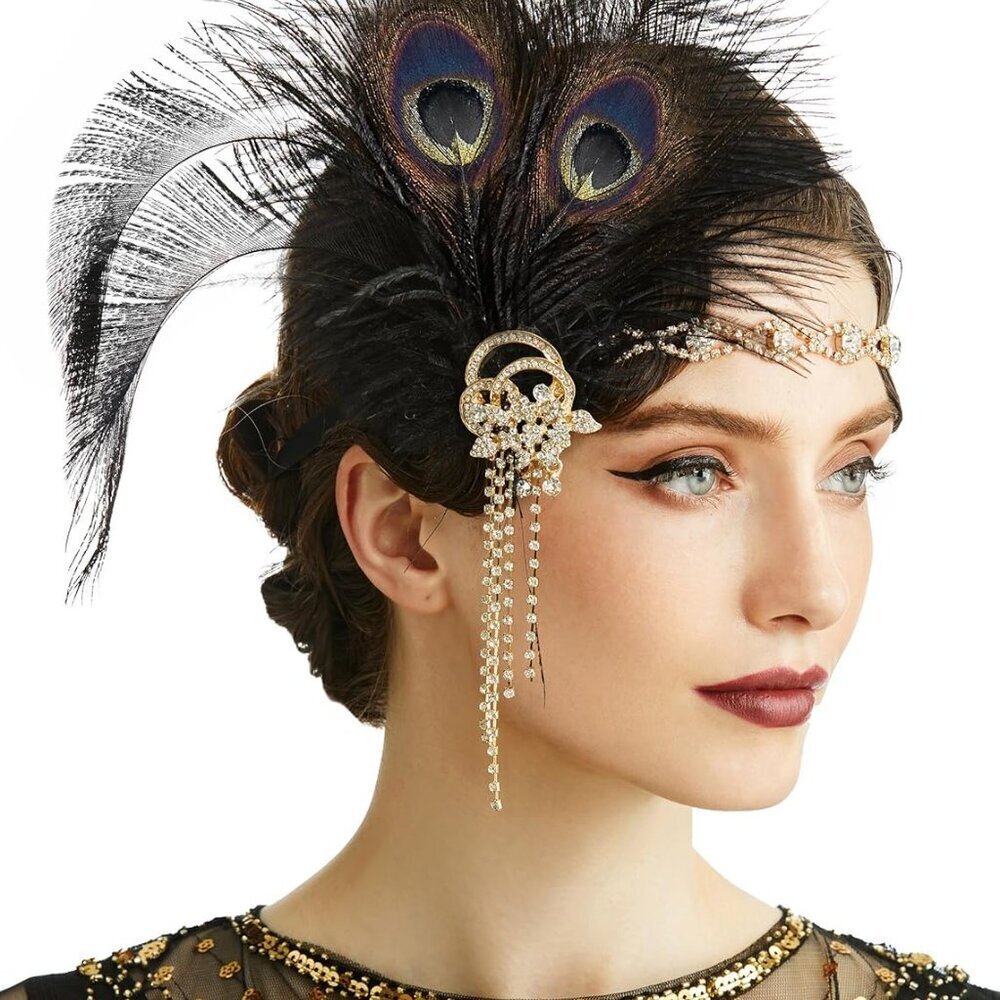 1920s Flapper Headpiece Feather Crystal Headband Gatsby Costume Accessories